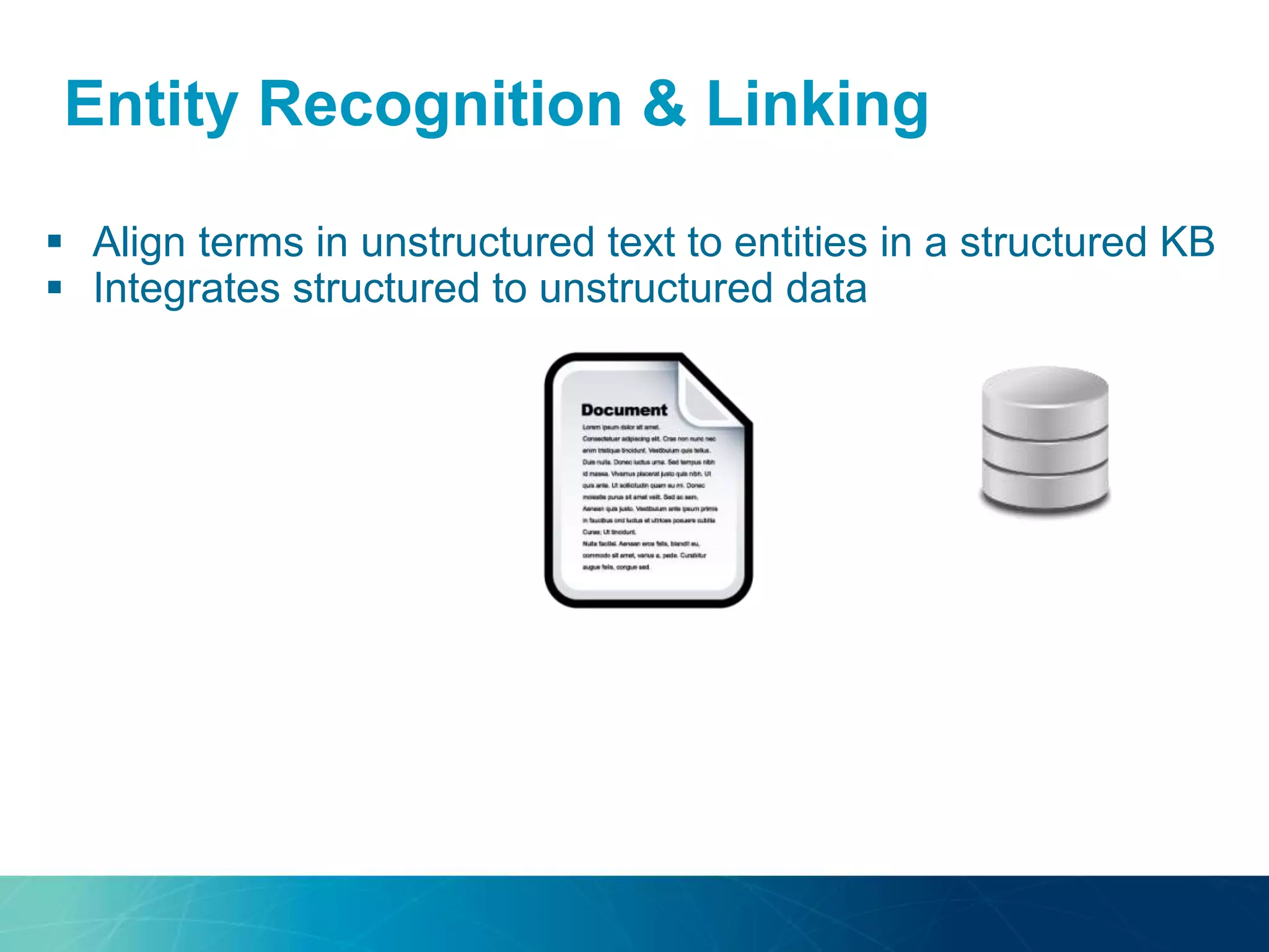Entity Recognition & Linking
 Align terms in unstructured text to entities in a structured KB
 Integrates structured to unstructured data
 