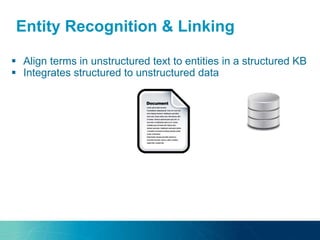 Entity Recognition & Linking
 Align terms in unstructured text to entities in a structured KB
 Integrates structured to unstructured data
 