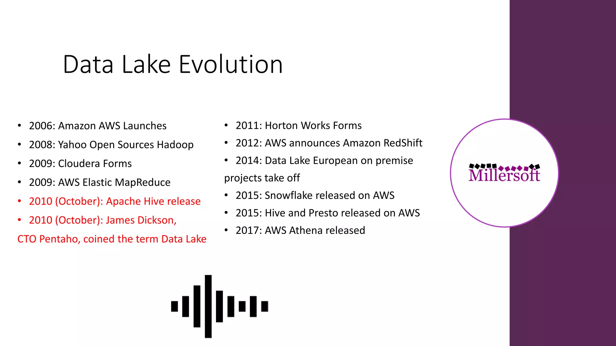 Data Lake Evolution
• 2011: Horton Works Forms
• 2012: AWS announces Amazon RedShift
• 2014: Data Lake European on premise
projects take off
• 2015: Snowflake released on AWS
• 2015: Hive and Presto released on AWS
• 2017: AWS Athena released
• 2006: Amazon AWS Launches
• 2008: Yahoo Open Sources Hadoop
• 2009: Cloudera Forms
• 2009: AWS Elastic MapReduce
• 2010 (October): Apache Hive release
• 2010 (October): James Dickson,
CTO Pentaho, coined the term Data Lake
 