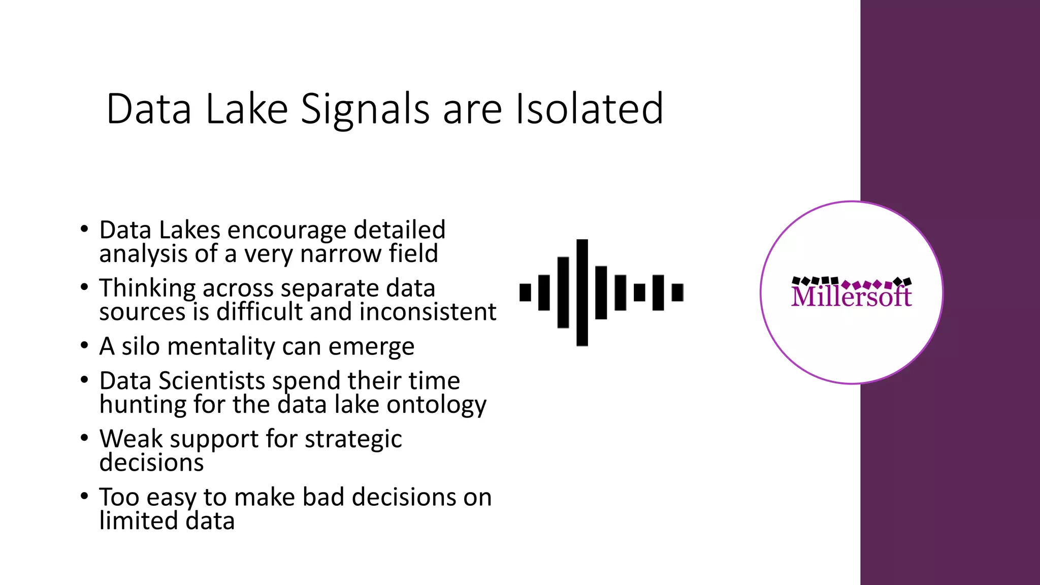 Data Lake Signals are Isolated
• Data Lakes encourage detailed
analysis of a very narrow field
• Thinking across separate data
sources is difficult and inconsistent
• A silo mentality can emerge
• Data Scientists spend their time
hunting for the data lake ontology
• Weak support for strategic
decisions
• Too easy to make bad decisions on
limited data
 