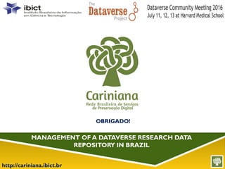 http://cariniana.ibict.br
MANAGEMENT OF A DATAVERSE RESEARCH DATA
REPOSITORY IN BRAZIL
obrigado
OBRIGADO!
 