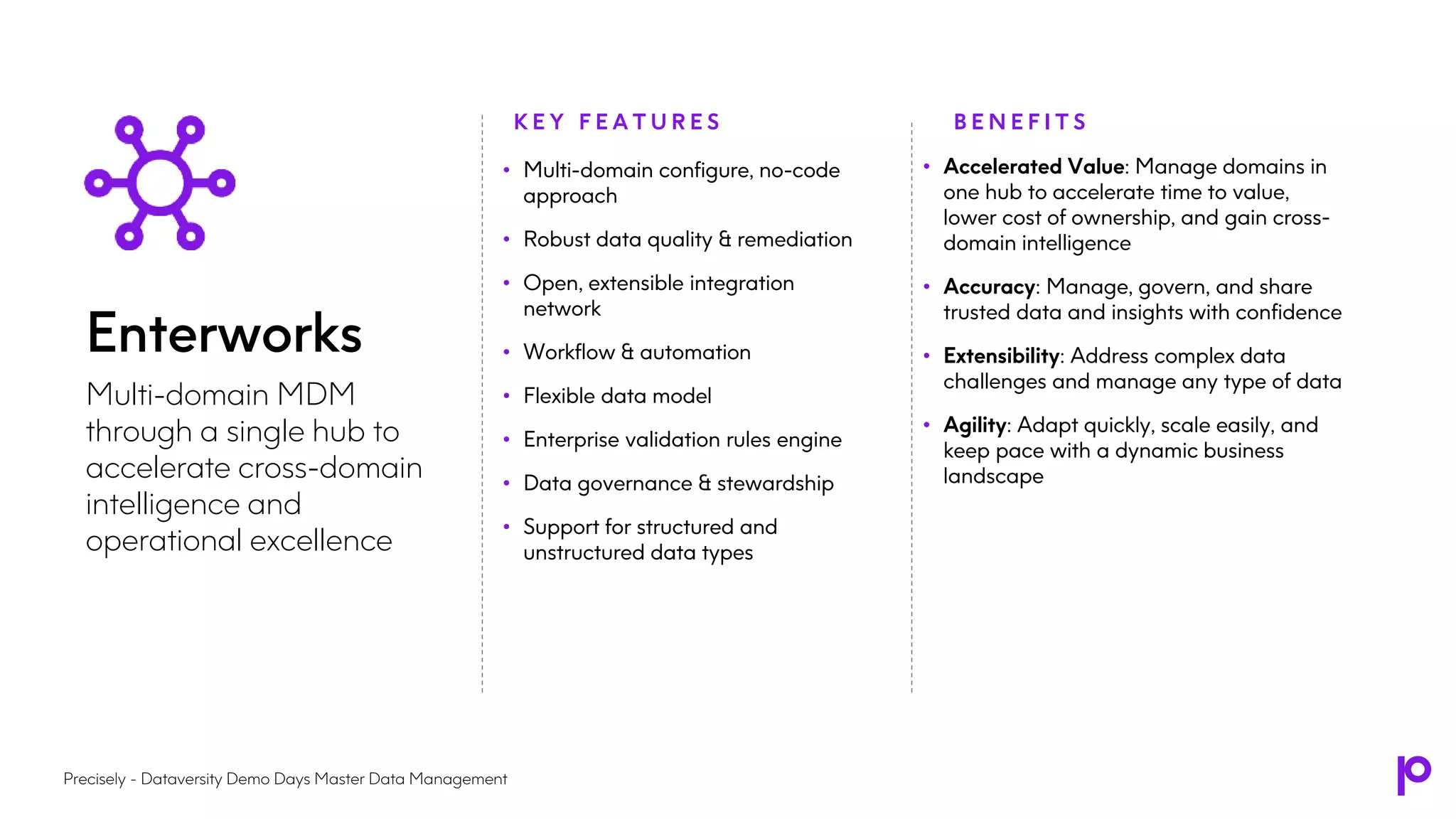 • Multi-domain configure, no-code
approach
• Robust data quality & remediation
• Open, extensible integration
network
• Workflow & automation
• Flexible data model
• Enterprise validation rules engine
• Data governance & stewardship
• Support for structured and
unstructured data types
K E Y F E A T U R E S
• Accelerated Value: Manage domains in
one hub to accelerate time to value,
lower cost of ownership, and gain cross-
domain intelligence
• Accuracy: Manage, govern, and share
trusted data and insights with confidence
• Extensibility: Address complex data
challenges and manage any type of data
• Agility: Adapt quickly, scale easily, and
keep pace with a dynamic business
landscape
B E N E F I T S
Enterworks
Multi-domain MDM
through a single hub to
accelerate cross-domain
intelligence and
operational excellence
Precisely - Dataversity Demo Days Master Data Management
 