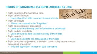 17© 2016 IDERA, Inc. All rights reserved. Proprietary and confidential. 17© 2017 IDERA, Inc. All rights reserved.
RIGHTS OF INDIVIDUALS VIA GDPR (ARTICLES 12 - 23)
 Right to access their personal data
 Right to rectification
• Users should be able to correct inaccurate info
 Right to erasure
• Users can request to be “forgotten”
 Right to restriction of processing
• Users can limit the way their information is processed
 Right to data portability
• Users should be able to obtain a copy of their data
 Right to object
• Users can object to the processing of their data
 Right to not be subjected to a decision based solely on automated
processing or profiling
• This has significant impact on B2B Marketing
 