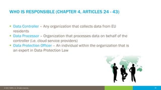 18© 2016 IDERA, Inc. All rights reserved. Proprietary and confidential. 18© 2017 IDERA, Inc. All rights reserved.
WHO IS RESPONSIBLE (CHAPTER 4, ARTICLES 24 - 43)
 Data Controller – Any organization that collects data from EU
residents
 Data Processor – Organization that processes data on behalf of the
controller (i.e. cloud service providers)
 Data Protection Officer – An individual within the organization that is
an expert in Data Protection Law
 