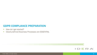 28© 2017 IDERA, Inc. All rights reserved.
GDPR COMPLIANCE PREPARATION
 How do I get started?
 Clearly-defined Business Processes are ESSENTIAL
 