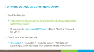 30© 2016 IDERA, Inc. All rights reserved. Proprietary and confidential. 30© 2017 IDERA, Inc. All rights reserved.
FOR MORE DETAILS ON GDPR PREPARATION
 Read the Blog via:
• http://community.idera.com/blog/b/community_blog/posts/gettin
g-prepared-for-gdpr
• Or navigate to community.IDERA.com >Blog > “Getting Prepared
for GDPR”
 Download the Whitepaper via:
• IDERA.com > Resources > Resource Center> “Whitepaper:
Governing GDPR Challenges with Enterprise Data Architecture”
 