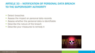 39© 2016 IDERA, Inc. All rights reserved. Proprietary and confidential. 39© 2017 IDERA, Inc. All rights reserved.
ARTICLE 33 – NOTIFICATION OF PERSONAL DATA BREACH
TO THE SUPERVISORY AUTHORITY
 Detect breaches
 Assess the impact on personal data records
 Assess whether the personal data is identifiable
 Describe the nature of the breach
 Describe your measures to remedy it
 