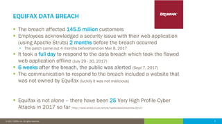9© 2016 IDERA, Inc. All rights reserved. Proprietary and confidential. 9© 2017 IDERA, Inc. All rights reserved.
EQUIFAX DATA BREACH
 The breach affected 145.5 million customers
 Employees acknowledged a security issue with their web application
(using Apache Struts) 2 months before the breach occurred
• The patch came out 4 months beforehand on Mar 8, 2017
 It took a full day to respond to the data breach which took the flawed
web application offline (July 29 - 30, 2017)
 6 weeks after the breach, the public was alerted (Sept 7, 2017)
 The communication to respond to the breach included a website that
was not owned by Equifax (luckily it was not malicious)
 Equifax is not alone – there have been 25 Very High Profile Cyber
Attacks in 2017 so far (http://www.wired.co.uk/article/hacks-data-breaches-2017)
 