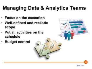 Mario Faria
14
Managing Data & Analytics Teams
•  Focus on the execution
•  Well-defined and realistic
scope
•  Put all activities on the
schedule
•  Budget control
 