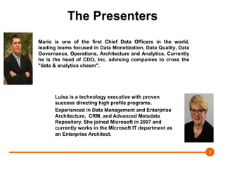 Mario Faria
2
The Presenters
Mario is one of the first Chief Data Officers in the world,
leading teams focused in Data Monetization, Data Quality, Data
Governance, Operations, Architecture and Analytics. Currently
he is the head of CDO, Inc, advising companies to cross the
"data & analytics chasm".
Luisa is a technology executive with proven
success directing high profile programs.
Experienced in Data Management and Enterprise
Architecture, CRM, and Advanced Metadata
Repository. She joined Microsoft in 2007 and
currently works in the Microsoft IT department as
an Enterprise Architect.
 