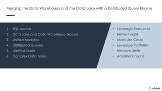 Merging the Data Warehouse and the Data Lake with a Distributed Query Engine
11
1. SQL Access
2. Data Lake and Data Wareho...