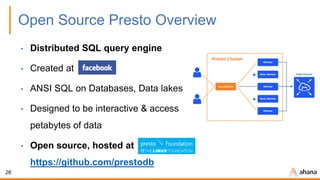 26
Open Source Presto Overview
• Distributed SQL query engine
• Created at
• ANSI SQL on Databases, Data lakes
• Designed ...
