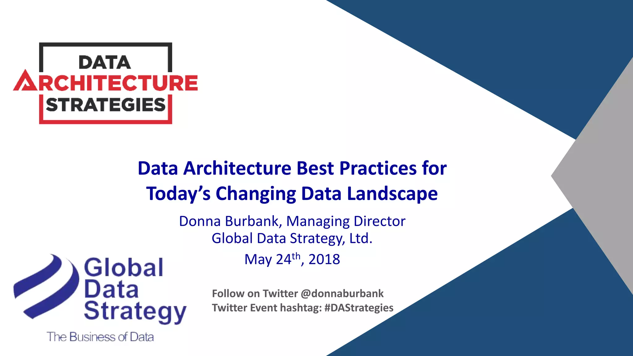 Data Architecture Best Practices for
Today’s Changing Data Landscape
Donna Burbank, Managing Director
Global Data Strategy, Ltd.
May 24th, 2018
Follow on Twitter @donnaburbank
Twitter Event hashtag: #DAStrategies
 