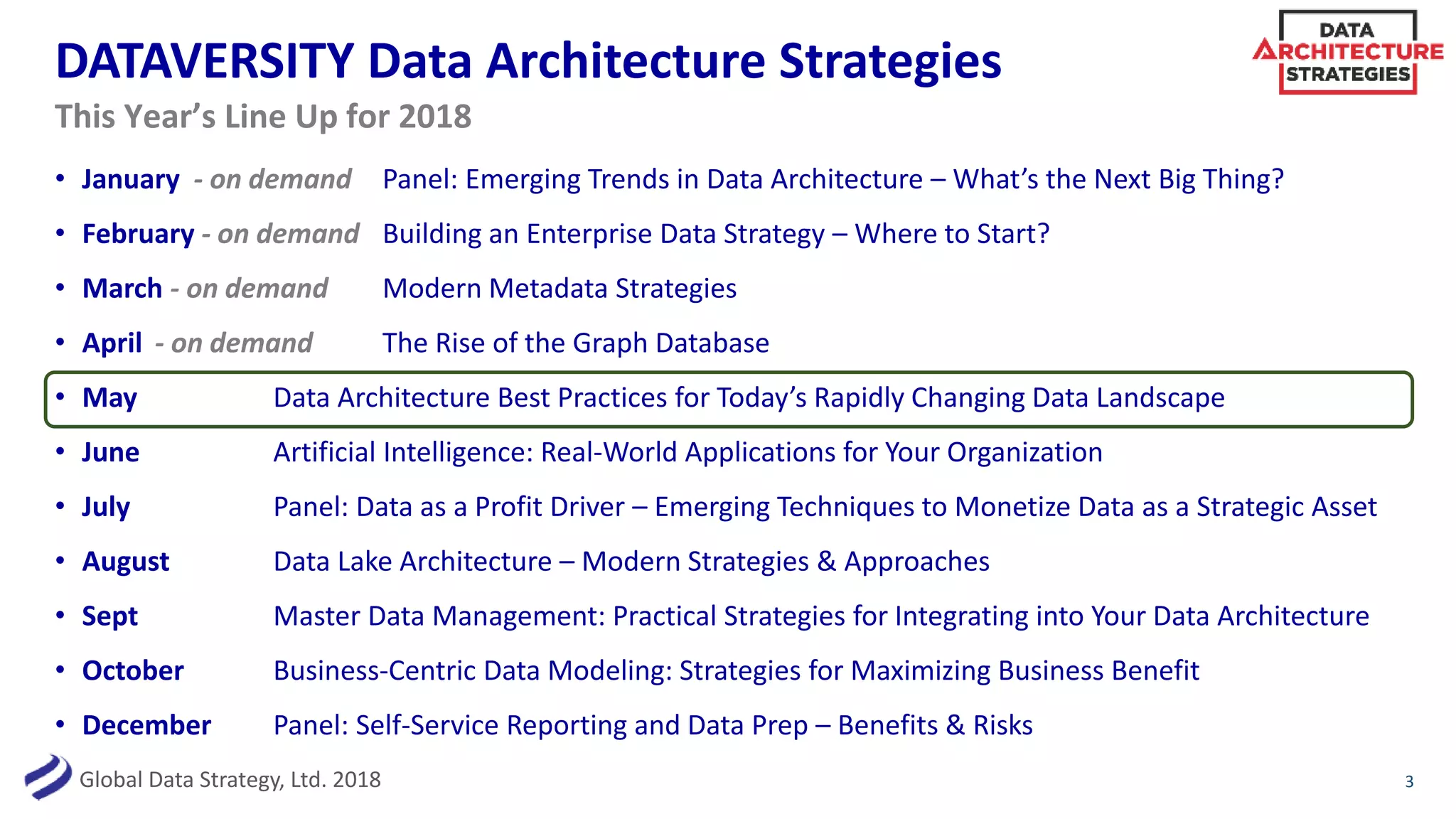 Global Data Strategy, Ltd. 2018
DATAVERSITY Data Architecture Strategies
• January - on demand Panel: Emerging Trends in Data Architecture – What’s the Next Big Thing?
• February - on demand Building an Enterprise Data Strategy – Where to Start?
• March - on demand Modern Metadata Strategies
• April - on demand The Rise of the Graph Database
• May Data Architecture Best Practices for Today’s Rapidly Changing Data Landscape
• June Artificial Intelligence: Real-World Applications for Your Organization
• July Panel: Data as a Profit Driver – Emerging Techniques to Monetize Data as a Strategic Asset
• August Data Lake Architecture – Modern Strategies & Approaches
• Sept Master Data Management: Practical Strategies for Integrating into Your Data Architecture
• October Business-Centric Data Modeling: Strategies for Maximizing Business Benefit
• December Panel: Self-Service Reporting and Data Prep – Benefits & Risks
3
This Year’s Line Up for 2018
 