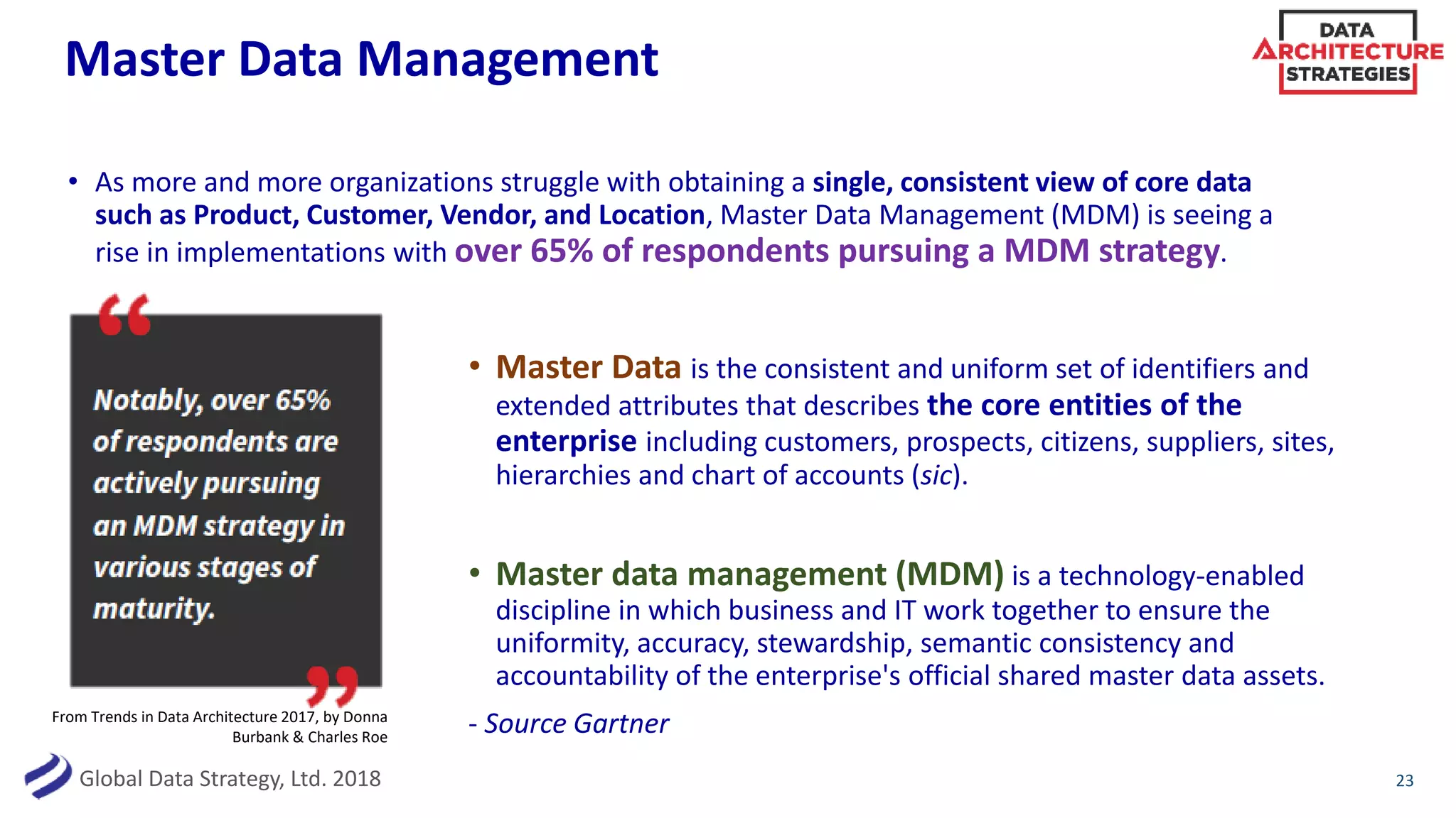 Global Data Strategy, Ltd. 2018
Master Data Management
• As more and more organizations struggle with obtaining a single, consistent view of core data
such as Product, Customer, Vendor, and Location, Master Data Management (MDM) is seeing a
rise in implementations with over 65% of respondents pursuing a MDM strategy.
23
• Master Data is the consistent and uniform set of identifiers and
extended attributes that describes the core entities of the
enterprise including customers, prospects, citizens, suppliers, sites,
hierarchies and chart of accounts (sic).
• Master data management (MDM) is a technology-enabled
discipline in which business and IT work together to ensure the
uniformity, accuracy, stewardship, semantic consistency and
accountability of the enterprise's official shared master data assets.
- Source GartnerFrom Trends in Data Architecture 2017, by Donna
Burbank & Charles Roe
 