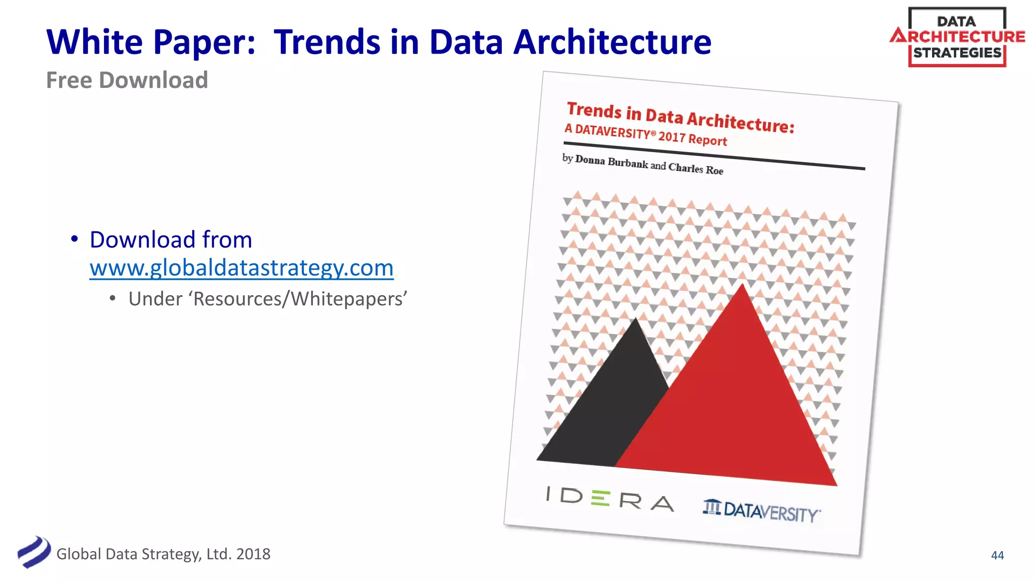 Global Data Strategy, Ltd. 2018
White Paper: Trends in Data Architecture
44
Free Download
• Download from
www.globaldatastrategy.com
• Under ‘Resources/Whitepapers’
 