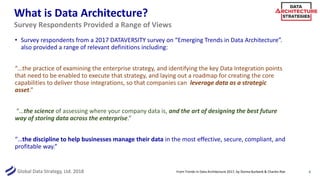 Global Data Strategy, Ltd. 2018
What is Data Architecture?
• Survey respondents from a 2017 DATAVERSITY survey on “Emerging Trends in Data Architecture”.
also provided a range of relevant definitions including:
“…the practice of examining the enterprise strategy, and identifying the key Data Integration points
that need to be enabled to execute that strategy, and laying out a roadmap for creating the core
capabilities to deliver those integrations, so that companies can leverage data as a strategic
asset.”
“…the science of assessing where your company data is, and the art of designing the best future
way of storing data across the enterprise.”
“…the discipline to help businesses manage their data in the most effective, secure, compliant, and
profitable way.”
6
Survey Respondents Provided a Range of Views
From Trends in Data Architecture 2017, by Donna Burbank & Charles Roe
 