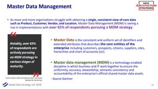Global Data Strategy, Ltd. 2018
Master Data Management
• As more and more organizations struggle with obtaining a single, consistent view of core data
such as Product, Customer, Vendor, and Location, Master Data Management (MDM) is seeing a
rise in implementations with over 65% of respondents pursuing a MDM strategy.
23
• Master Data is the consistent and uniform set of identifiers and
extended attributes that describes the core entities of the
enterprise including customers, prospects, citizens, suppliers, sites,
hierarchies and chart of accounts (sic).
• Master data management (MDM) is a technology-enabled
discipline in which business and IT work together to ensure the
uniformity, accuracy, stewardship, semantic consistency and
accountability of the enterprise's official shared master data assets.
- Source GartnerFrom Trends in Data Architecture 2017, by Donna
Burbank & Charles Roe
 