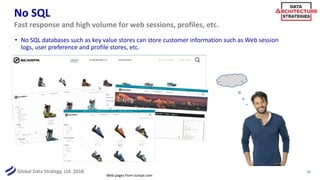 Global Data Strategy, Ltd. 2018
No SQL
• No SQL databases such as key value stores can store customer information such as Web session
logs, user preference and profile stores, etc.
31
Fast response and high volume for web sessions, profiles, etc.
Web pages from scarpa.com
 