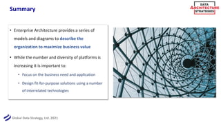 Global Data Strategy, Ltd. 2021
Summary
• Enterprise Architecture provides a series of
models and diagrams to describe the
organization to maximize business value
• While the number and diversity of platforms is
increasing it is important to:
• Focus on the business need and application
• Design fit-for-purpose solutions using a number
of interrelated technologies
 