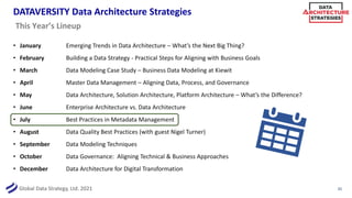 Global Data Strategy, Ltd. 2021
DATAVERSITY Data Architecture Strategies
• January Emerging Trends in Data Architecture – What’s the Next Big Thing?
• February Building a Data Strategy - Practical Steps for Aligning with Business Goals
• March Data Modeling Case Study – Business Data Modeling at Kiewit
• April Master Data Management – Aligning Data, Process, and Governance
• May Data Architecture, Solution Architecture, Platform Architecture – What’s the Difference?
• June Enterprise Architecture vs. Data Architecture
• July Best Practices in Metadata Management
• August Data Quality Best Practices (with guest Nigel Turner)
• September Data Modeling Techniques
• October Data Governance: Aligning Technical & Business Approaches
• December Data Architecture for Digital Transformation
35
This Year’s Lineup
 
