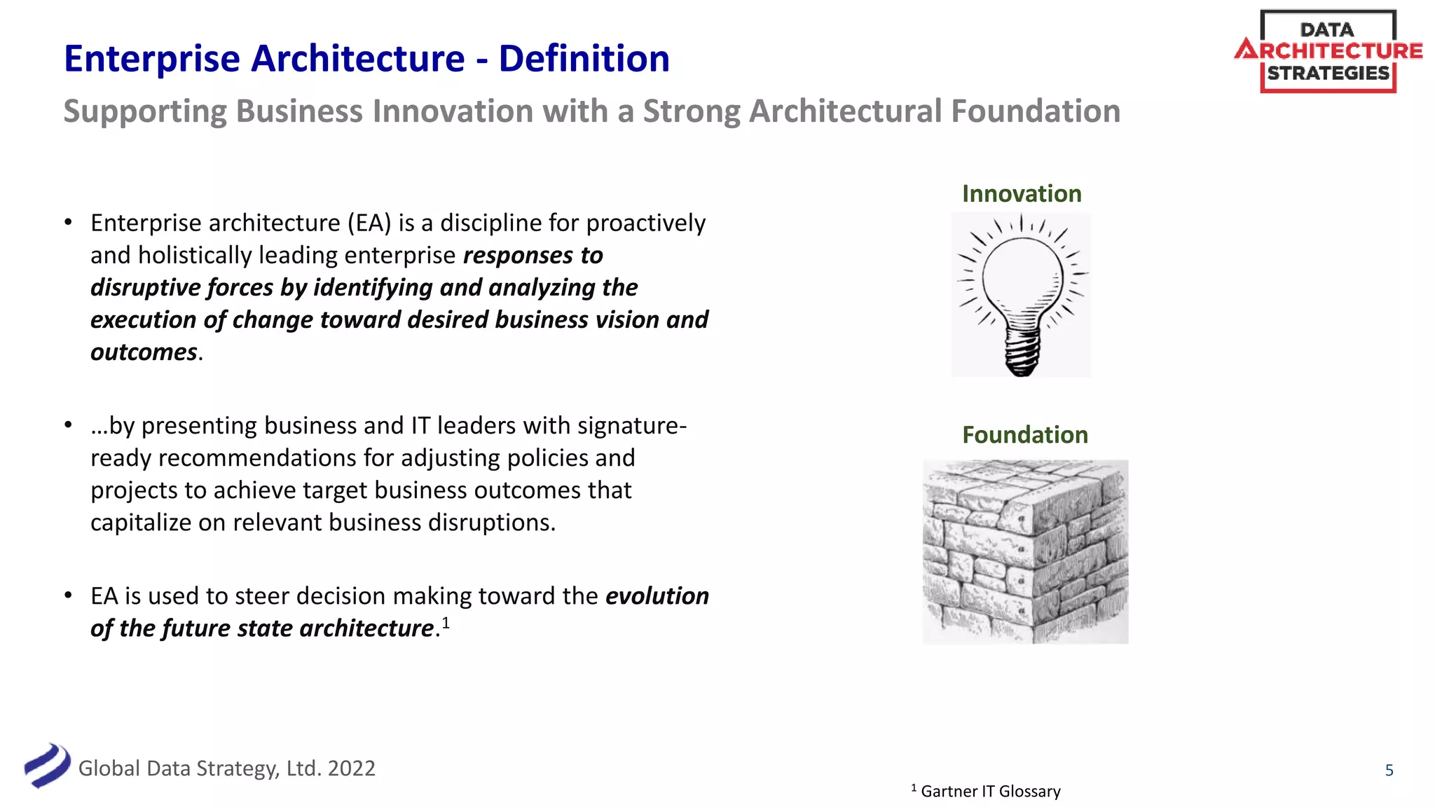 Global Data Strategy, Ltd. 2022
Enterprise Architecture - Definition
• Enterprise architecture (EA) is a discipline for proactively
and holistically leading enterprise responses to
disruptive forces by identifying and analyzing the
execution of change toward desired business vision and
outcomes.
• …by presenting business and IT leaders with signature-
ready recommendations for adjusting policies and
projects to achieve target business outcomes that
capitalize on relevant business disruptions.
• EA is used to steer decision making toward the evolution
of the future state architecture.1
5
Supporting Business Innovation with a Strong Architectural Foundation
1 Gartner IT Glossary
Innovation
Foundation
 