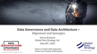 Copyright Global Data Strategy, Ltd. 2020
Data Governance and Data Architecture –
Alignment and Synergies
Donna Burbank
Global Data Strategy, Ltd.
May 28th, 2020
Follow on Twitter @donnaburbank
Twitter Event hashtag: #DAStrategies
 
