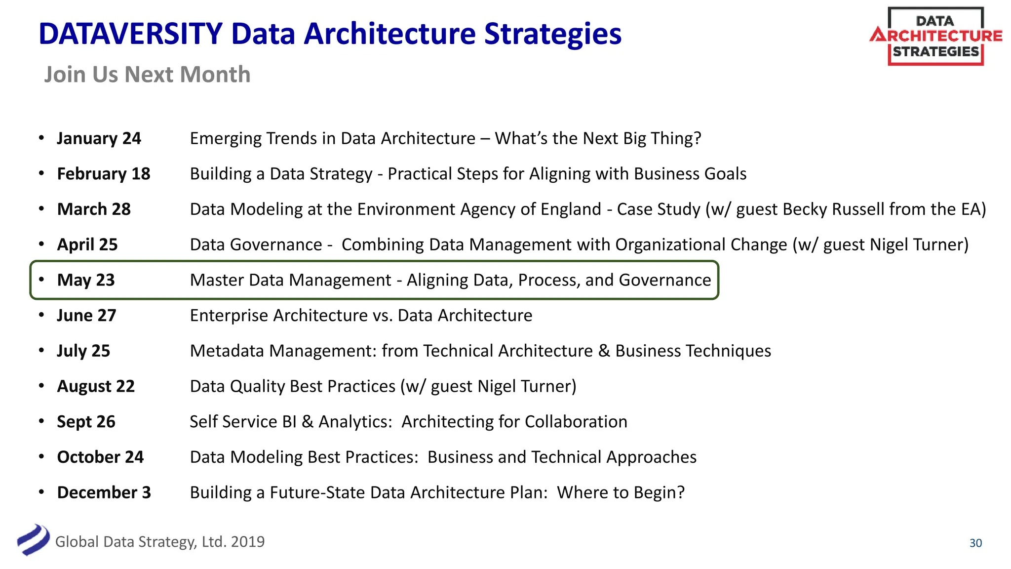 Global Data Strategy, Ltd. 2019
DATAVERSITY Data Architecture Strategies
• January 24 Emerging Trends in Data Architecture – What’s the Next Big Thing?
• February 18 Building a Data Strategy - Practical Steps for Aligning with Business Goals
• March 28 Data Modeling at the Environment Agency of England - Case Study (w/ guest Becky Russell from the EA)
• April 25 Data Governance - Combining Data Management with Organizational Change (w/ guest Nigel Turner)
• May 23 Master Data Management - Aligning Data, Process, and Governance
• June 27 Enterprise Architecture vs. Data Architecture
• July 25 Metadata Management: from Technical Architecture & Business Techniques
• August 22 Data Quality Best Practices (w/ guest Nigel Turner)
• Sept 26 Self Service BI & Analytics: Architecting for Collaboration
• October 24 Data Modeling Best Practices: Business and Technical Approaches
• December 3 Building a Future-State Data Architecture Plan: Where to Begin?
30
Join Us Next Month
 