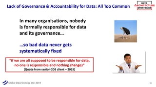 Global Data Strategy, Ltd. 2019
Lack of Governance & Accountability for Data: All Too Common
10
In many organisations, nobody
is formally responsible for data
and its governance…
…so bad data never gets
systematically fixed
“If we are all supposed to be responsible for data,
no one is responsible and nothing changes”
(Quote from senior GDS client – 2019)
 