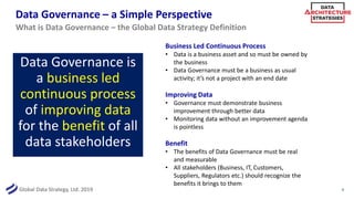 Global Data Strategy, Ltd. 2019
Data Governance – a Simple Perspective
Data Governance is
a business led
continuous process
of improving data
for the benefit of all
data stakeholders
9
What is Data Governance – the Global Data Strategy Definition
Business Led Continuous Process
• Data is a business asset and so must be owned by
the business
• Data Governance must be a business as usual
activity; it’s not a project with an end date
Improving Data
• Governance must demonstrate business
improvement through better data
• Monitoring data without an improvement agenda
is pointless
Benefit
• The benefits of Data Governance must be real
and measurable
• All stakeholders (Business, IT, Customers,
Suppliers, Regulators etc.) should recognize the
benefits it brings to them
 