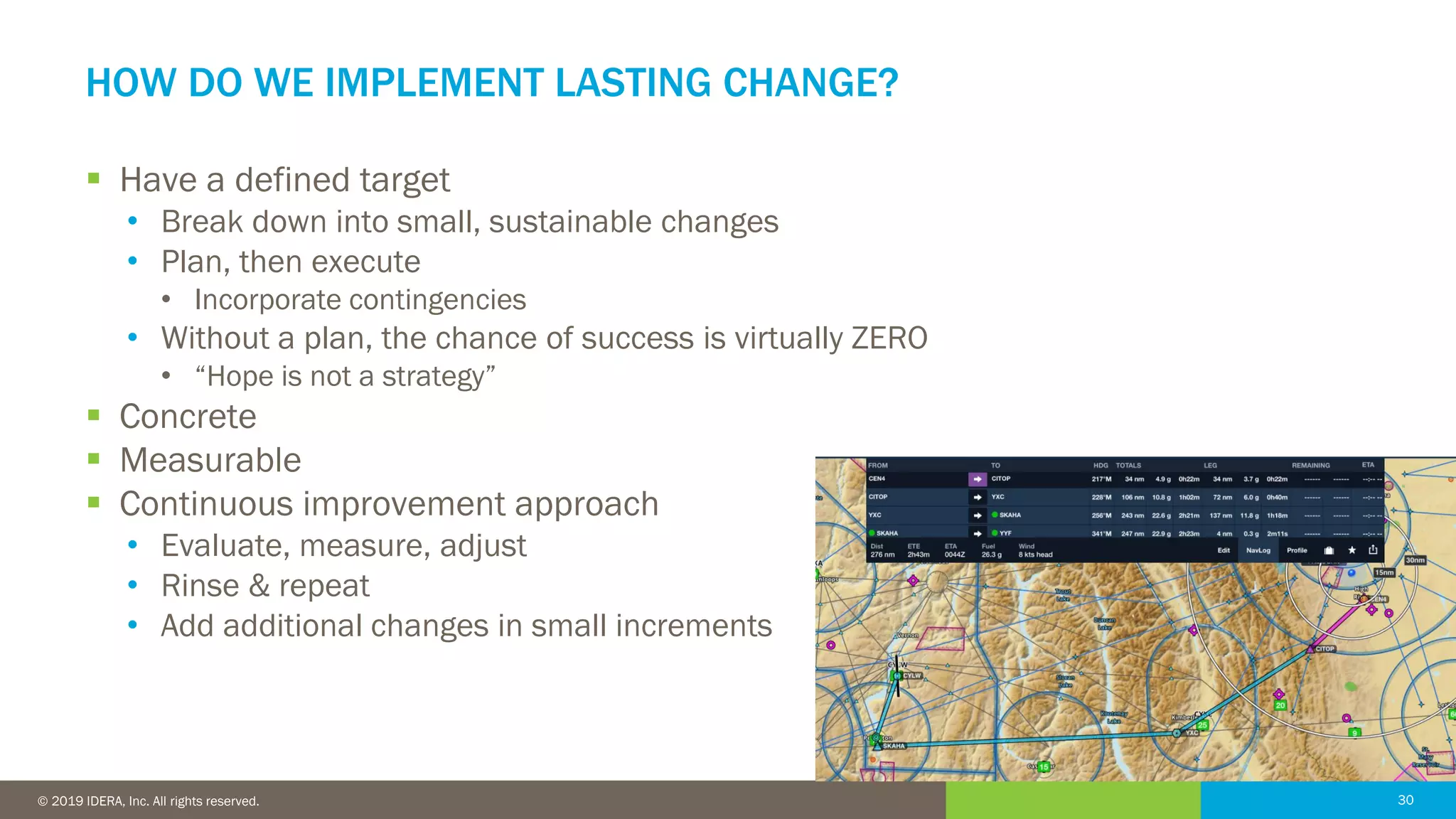 30© 2016 IDERA, Inc. All rights reserved. Proprietary and confidential. 30© 2019 IDERA, Inc. All rights reserved.
HOW DO WE IMPLEMENT LASTING CHANGE?
▪ Have a defined target
• Break down into small, sustainable changes
• Plan, then execute
• Incorporate contingencies
• Without a plan, the chance of success is virtually ZERO
• “Hope is not a strategy”
▪ Concrete
▪ Measurable
▪ Continuous improvement approach
• Evaluate, measure, adjust
• Rinse & repeat
• Add additional changes in small increments
 