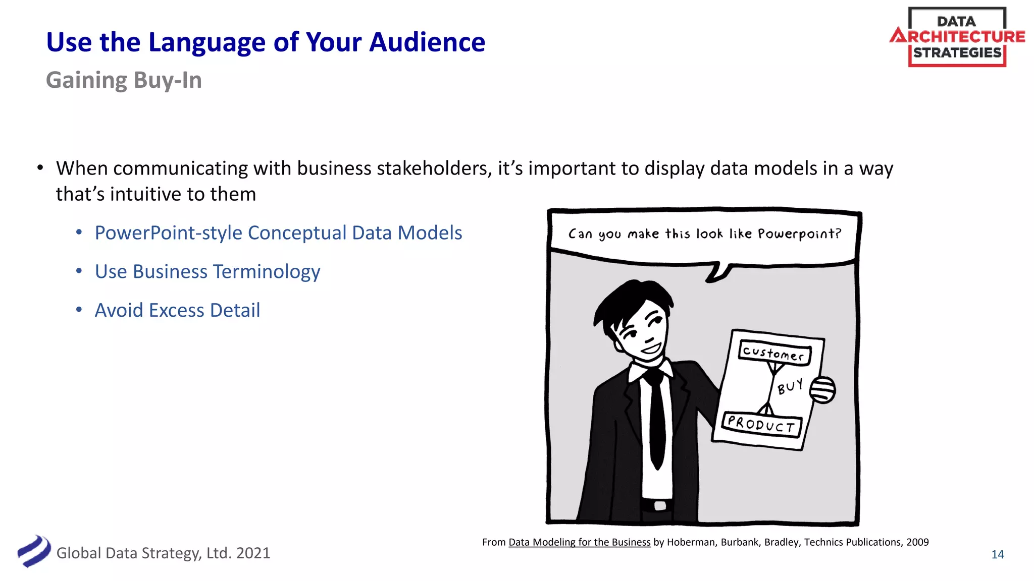 Global Data Strategy, Ltd. 2021
Use the Language of Your Audience
• When communicating with business stakeholders, it’s important to display data models in a way
that’s intuitive to them
• PowerPoint-style Conceptual Data Models
• Use Business Terminology
• Avoid Excess Detail
14
Gaining Buy-In
From Data Modeling for the Business by Hoberman, Burbank, Bradley, Technics Publications, 2009
 