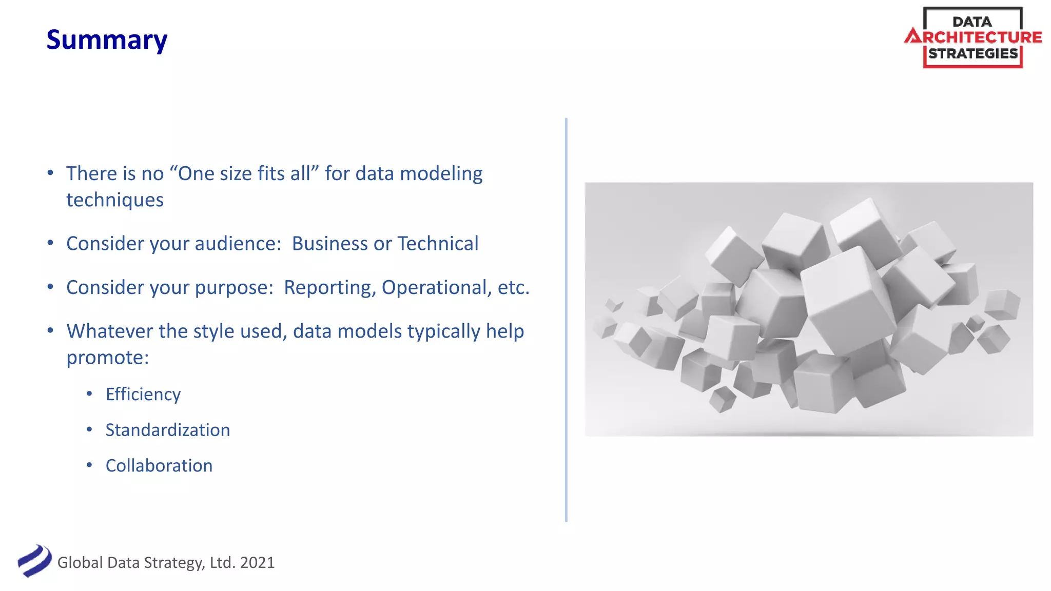 Global Data Strategy, Ltd. 2021
Summary
• There is no “One size fits all” for data modeling
techniques
• Consider your audience: Business or Technical
• Consider your purpose: Reporting, Operational, etc.
• Whatever the style used, data models typically help
promote:
• Efficiency
• Standardization
• Collaboration
 