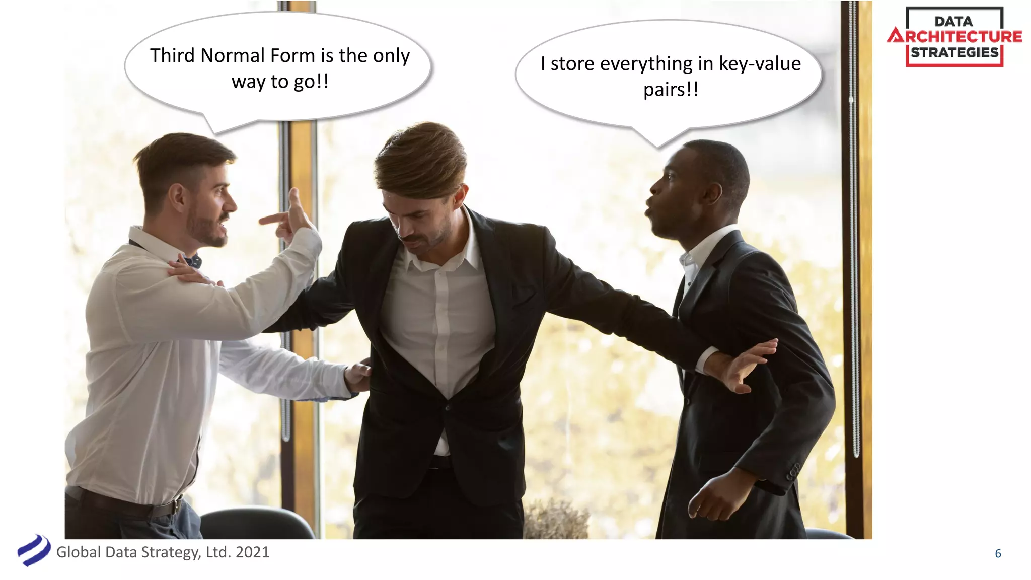 Global Data Strategy, Ltd. 2021 6
Third Normal Form is the only
way to go!!
I store everything in key-value
pairs!!
 