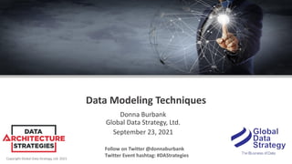 Copyright Global Data Strategy, Ltd. 2021
Data Modeling Techniques
Donna Burbank
Global Data Strategy, Ltd.
September 23, 2021
Follow on Twitter @donnaburbank
Twitter Event hashtag: #DAStrategies
 