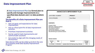 Global Data Strategy, Ltd. 2020
Data Improvement Plan
A Data Improvement Plan is a formal plan to
specify and manage improvements to a
specified data domain and / or data problem
area
26
The benefits of a Data Improvement Plan are
that it:
• Sets out goals and expectations for data
improvement
• Acts as a focal point for all data improvement
activities
• Prioritizes improvement activities
• Can be used to track improvements and
communicate successes
• Can evolve to align with the changing needs of
the business
Data domain DIPs can be rolled up to form the core
of a company wide Data Quality Improvement
Program
 