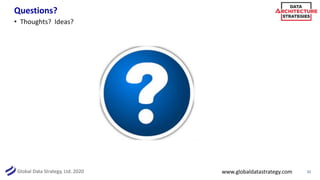 Global Data Strategy, Ltd. 2020
Questions?
32
• Thoughts? Ideas?
www.globaldatastrategy.com
 