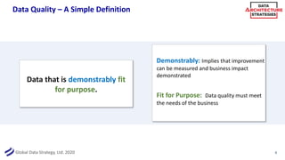 Global Data Strategy, Ltd. 2020
Data Quality – A Simple Definition
8
Data that is demonstrably fit
for purpose.
Demonstrably: Implies that improvement
can be measured and business impact
demonstrated
Fit for Purpose: Data quality must meet
the needs of the business
 