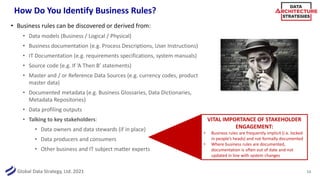 Global Data Strategy, Ltd. 2021
How Do You Identify Business Rules?
• Business rules can be discovered or derived from:
• Data models (Business / Logical / Physical)
• Business documentation (e.g. Process Descriptions, User Instructions)
• IT Documentation (e.g. requirements specifications, system manuals)
• Source code (e.g. If ‘A Then B’ statements)
• Master and / or Reference Data Sources (e.g. currency codes, product
master data)
• Documented metadata (e.g. Business Glossaries, Data Dictionaries,
Metadata Repositories)
• Data profiling outputs
• Talking to key stakeholders:
• Data owners and data stewards (if in place)
• Data producers and consumers
• Other business and IT subject matter experts
13
VITAL IMPORTANCE OF STAKEHOLDER
ENGAGEMENT:
• Business rules are frequently implicit (i.e. locked
in people’s heads) and not formally documented
• Where business rules are documented,
documentation is often out of date and not
updated in line with system changes
 