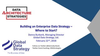 Building an Enterprise Data Strategy –
Where to Start?
Donna Burbank, Managing Director
Global Data Strategy, Ltd.
February 22nd, 2018
Follow on Twitter @donnaburbank
Twitter Event hashtag: #DAStrategies
 