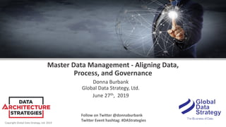 Copyright Global Data Strategy, Ltd. 2019
Master Data Management - Aligning Data,
Process, and Governance
Donna Burbank
Global Data Strategy, Ltd.
June 27th, 2019
Follow on Twitter @donnaburbank
Twitter Event hashtag: #DAStrategies
 