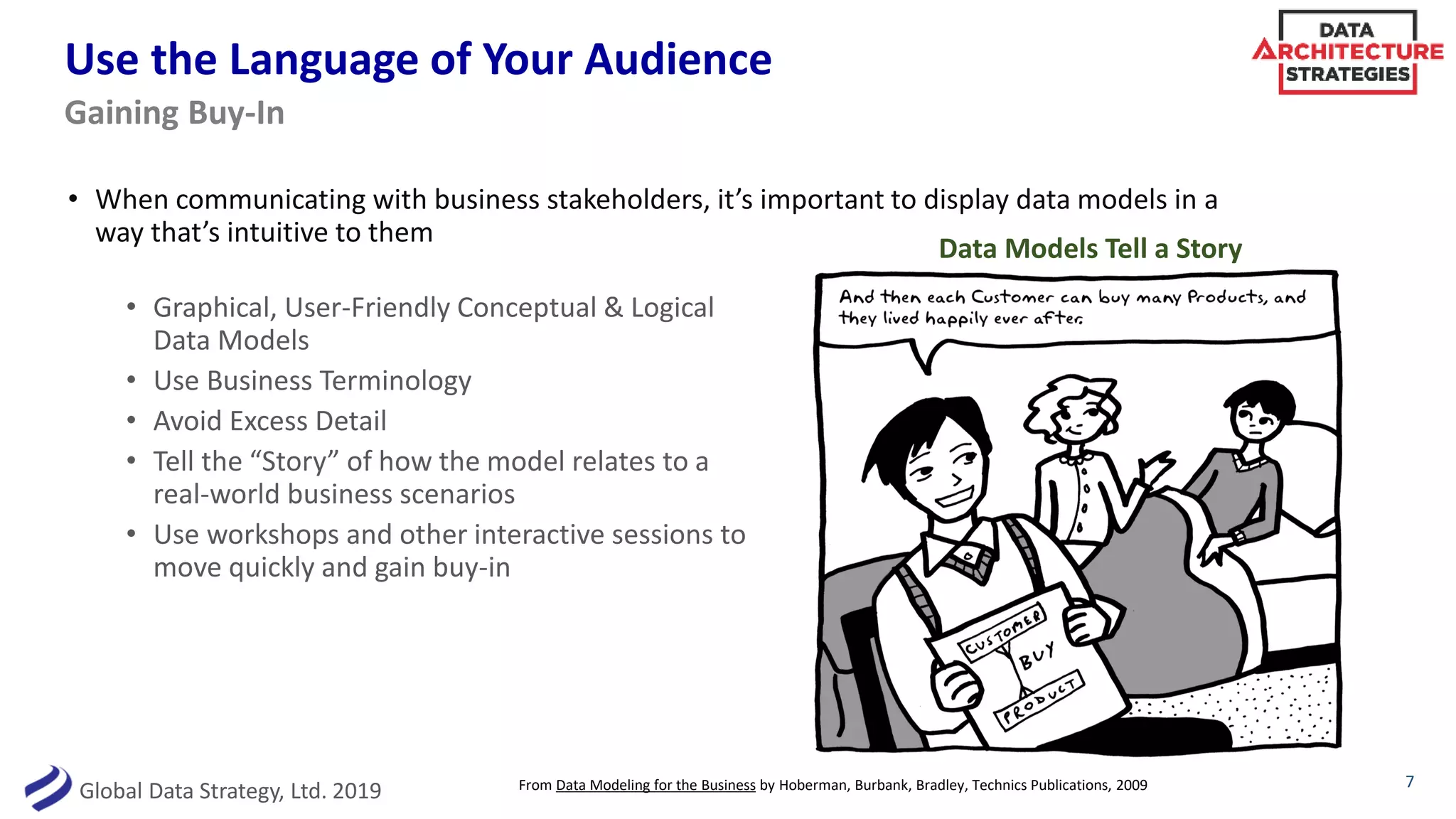 Use the Language of Your Audience
• When communicating with business stakeholders, it’s important to display data models in a
way that’s intuitive to them
7
Gaining Buy-In
From Data Modeling for the Business by Hoberman, Burbank, Bradley, Technics Publications, 2009
Data Models Tell a Story
• Graphical, User-Friendly Conceptual & Logical
Data Models
• Use Business Terminology
• Avoid Excess Detail
• Tell the “Story” of how the model relates to a
real-world business scenarios
• Use workshops and other interactive sessions to
move quickly and gain buy-in
Global Data Strategy, Ltd. 2019
 