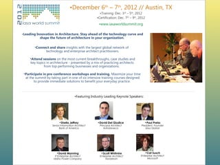 •December 6th – 7th, 2012 // Austin, TX
                                                      •Training: Dec. 3rd – 5th, 2012
                                                    •Certification: Dec. 7th – 9th, 2012
                                                                        •


                                                     •www.iasaworldsummit.org

•Leading Innovation in Architecture. Stay ahead of the technology curve and
           shape the future of architecture in your organization.

        •Connect and share insights with the largest global network of
              technology and enterprise architect practitioners.

     •Attend sessions on the most current breakthroughs, case studies and
     key topics in architecture - presented by a mix of practicing architects
              from top performing businesses and organizations.

 •Participate in pre-conference workshops and training. Maximize your time
  at the summit by taking part in one of six intensive training courses designed
        to provide immediate solutions to benefit your everyday practice.



                                      •Featuring Industry Leading Keynote Speakers:




                         •Sheila Jeffrey             •David Del Giudice                 •Paul Preiss
                    Senior Information Architect      Principal Architect            President, Founder
                         Bank of America                 AstraZeneca                    Iasa Global




                       •David Manning                  •Scott Whitmire                     •Cat Susch
                      IT Enterprise Architect         Enterprise Architect           Enterprise Architect
                     Idaho Power Company                  Nordstrom                       Microsoft
 