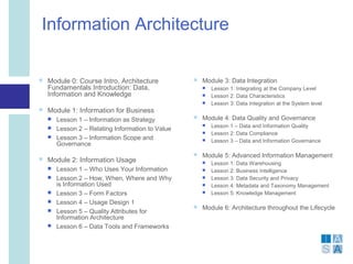 Information Architecture

   Module 0: Course Intro, Architecture              Module 3: Data Integration
    Fundamentals Introduction: Data,                      Lesson 1: Integrating at the Company Level
    Information and Knowledge                             Lesson 2: Data Characteristics
                                                          Lesson 3: Data Integration at the System level
   Module 1: Information for Business
       Lesson 1 – Information as Strategy            Module 4: Data Quality and Governance
                                                          Lesson 1 – Data and Information Quality
       Lesson 2 – Relating Information to Value
                                                          Lesson 2: Data Compliance
       Lesson 3 – Information Scope and                  Lesson 3 – Data and Information Governance
        Governance
                                                      Module 5: Advanced Information Management
   Module 2: Information Usage                           Lesson 1: Data Warehousing
       Lesson 1 – Who Uses Your Information              Lesson 2: Business Intelligence
       Lesson 2 – How, When, Where and Why               Lesson 3: Data Security and Privacy
        is Information Used                               Lesson 4: Metadata and Taxonomy Management
       Lesson 3 – Form Factors                           Lesson 5: Knowledge Management
       Lesson 4 – Usage Design 1
                                                      Module 6: Architecture throughout the Lifecycle
       Lesson 5 – Quality Attributes for
        Information Architecture
       Lesson 6 – Data Tools and Frameworks
 