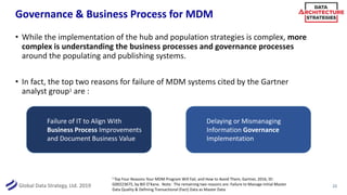 Global Data Strategy, Ltd. 2019
Governance & Business Process for MDM
• While the implementation of the hub and population strategies is complex, more
complex is understanding the business processes and governance processes
around the populating and publishing systems.
• In fact, the top two reasons for failure of MDM systems cited by the Gartner
analyst group1 are :
22
1 Top Four Reasons Your MDM Program Will Fail, and How to Avoid Them, Gartner, 2016, ID:
G00223675, by Bill O’Kane. Note: The remaining two reasons are: Failure to Manage Initial Master
Data Quality & Defining Transactional (Fact) Data as Master Data
Failure of IT to Align With
Business Process Improvements
and Document Business Value
Delaying or Mismanaging
Information Governance
Implementation
 