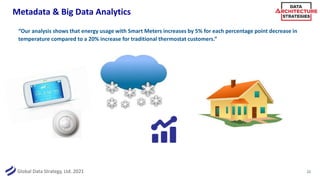 Global Data Strategy, Ltd. 2021
Metadata & Big Data Analytics
22
“Our analysis shows that energy usage with Smart Meters increases by 5% for each percentage point decrease in
temperature compared to a 20% increase for traditional thermostat customers.”
 