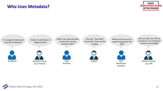 Global Data Strategy, Ltd. 2021
Who Uses Metadata?
24
Developer
If I change this field, what
else will be affected?
Business Person
(e.g. Finance)
What’s the definition of
“Regional Sales”
Auditor
How was “Total Sales”
calculated? Show me the
lineage.
Data
Architect
What is the approved data
structure for storing
customer data?
Data
Warehouse
Architect
What are the source-to-
target mappings for the
DW?
Business Person
(e.g. HR)
How can I get new staff up-
to-speed on our company’s
business terminology?
 