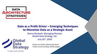 Data as a Profit Driver – Emerging Techniques
to Monetize Data as a Strategic Asset
Donna Burbank, Managing Director
Global Data Strategy, Ltd.
July 26th, 2018
Follow on Twitter @donnaburbank
Twitter Event hashtag: #DAStrategies
 