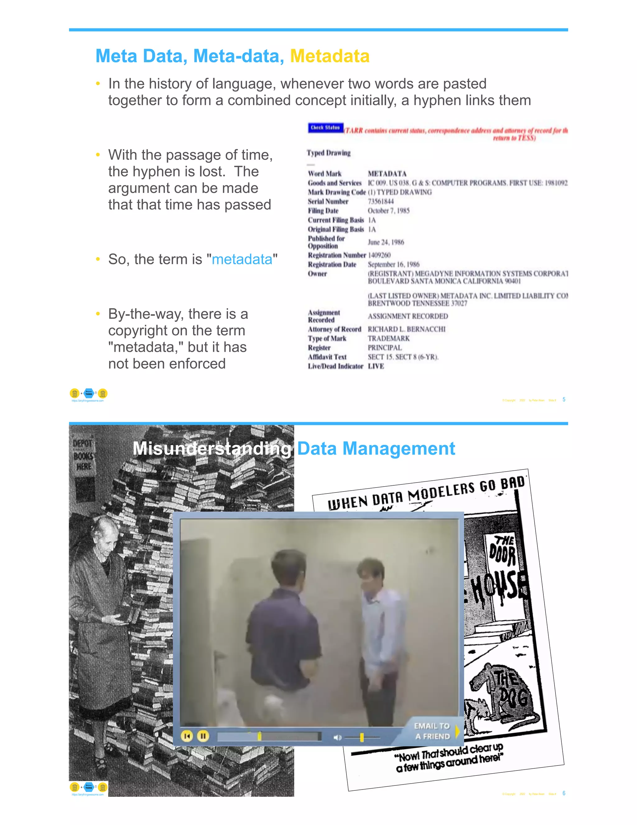 Meta Data
Meta Data, Meta-data, Metadata
Meta Data, Meta-data
• In the history of language, whenever two words are pasted
together to form a combined concept initially, a hyphen links them
• With the passage of time,
the hyphen is lost. The
argument can be made
that that time has passed
• So, the term is "metadata"
• By-the-way, there is a
copyright on the term
"metadata," but it has
not been enforced
© Copyright 2022 by Peter Aiken Slide # 5
https://anythingawesome.com
© Copyright 2022 by Peter Aiken Slide # 6
https://anythingawesome.com
Misunderstanding Data Management
 