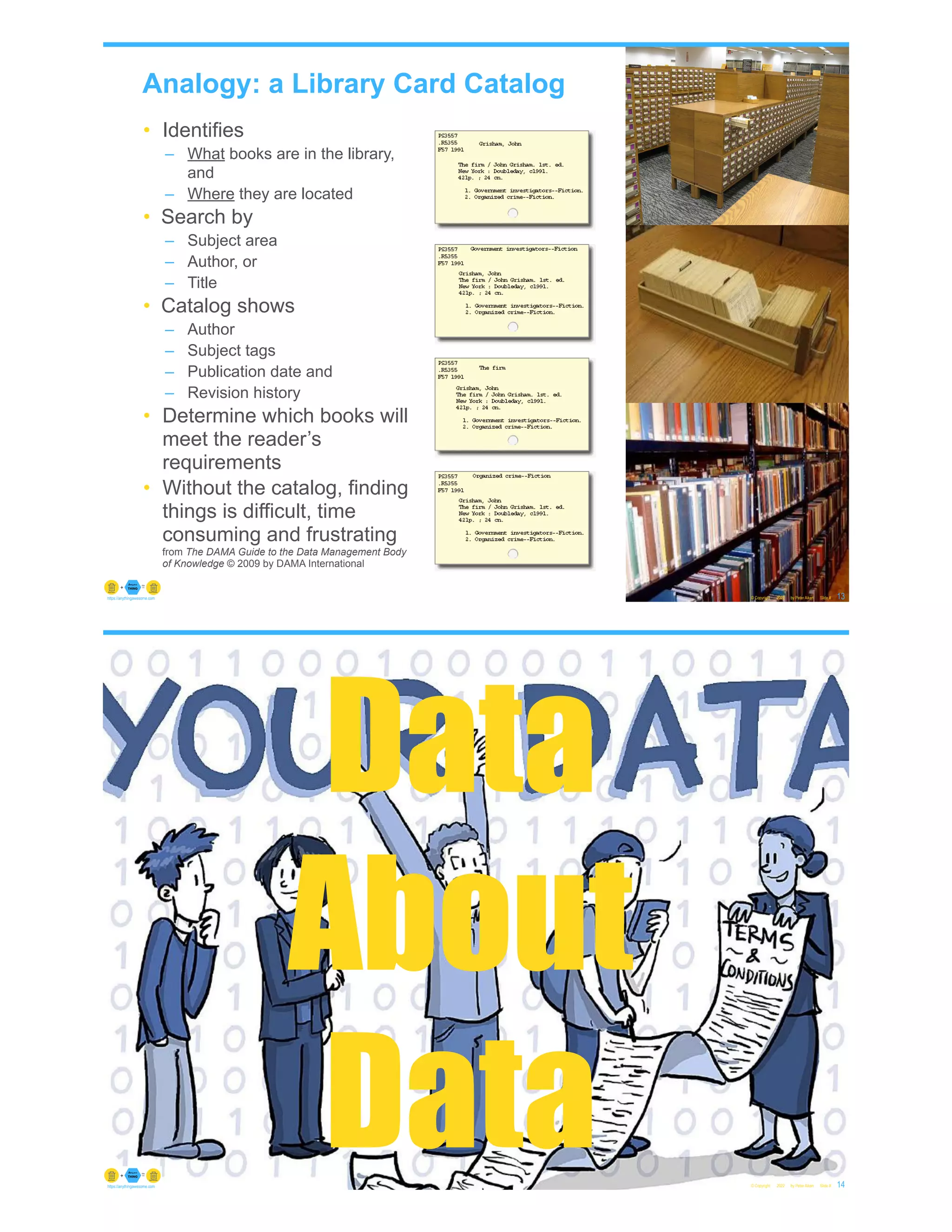 Analogy: a Library Card Catalog
© Copyright 2022 by Peter Aiken Slide # 13
https://anythingawesome.com
• Identifies
– What books are in the library,
and
– Where they are located
• Search by
– Subject area
– Author, or
– Title
• Catalog shows
– Author
– Subject tags
– Publication date and
– Revision history
• Determine which books will
meet the reader’s
requirements
• Without the catalog, finding
things is difficult, time
consuming and frustrating
from The DAMA Guide to the Data Management Body
of Knowledge © 2009 by DAMA International
© Copyright 2022 by Peter Aiken Slide # 14
https://anythingawesome.com
Data
About
Data
 